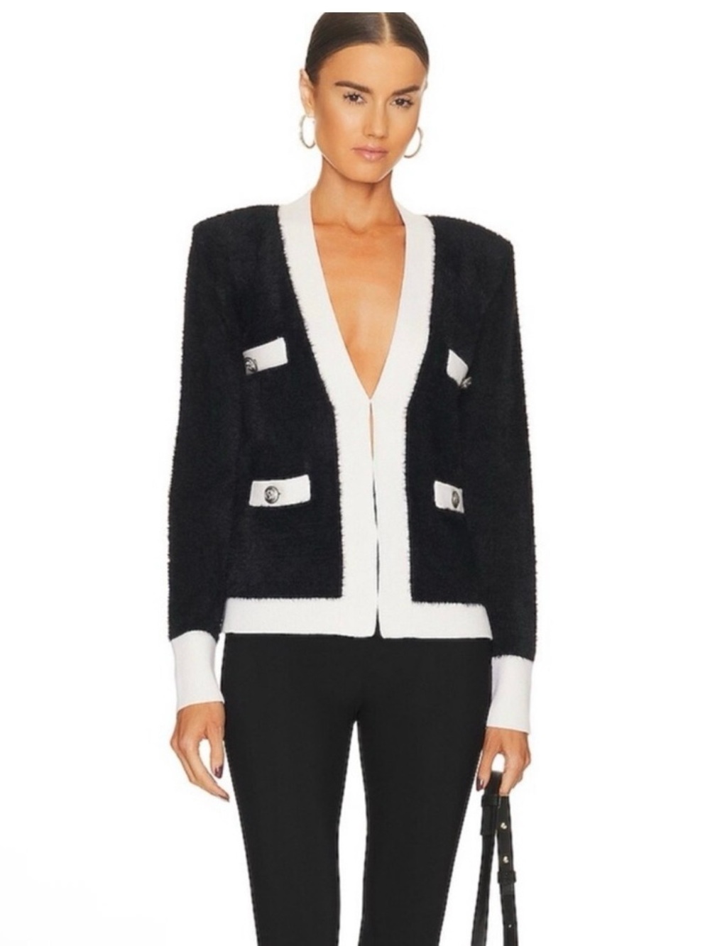 L'Agence Kai Black and White Fuzzy Cardigan